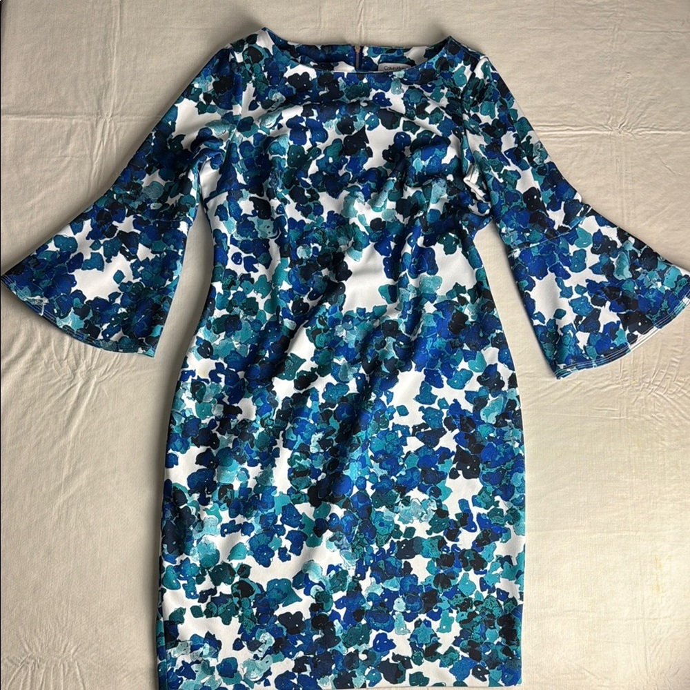 Calvin Klein Women's Blue Teal White Floral Bell Sleeve Dress Size 12